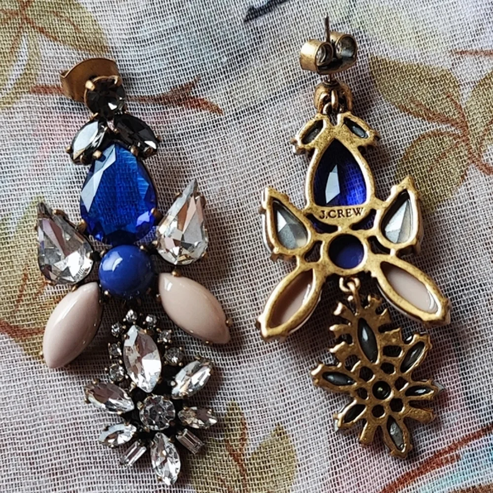 J. Crew Brand Sapphire Blue Opaque Cabachons Clear Rhinestones Pierced Earrings